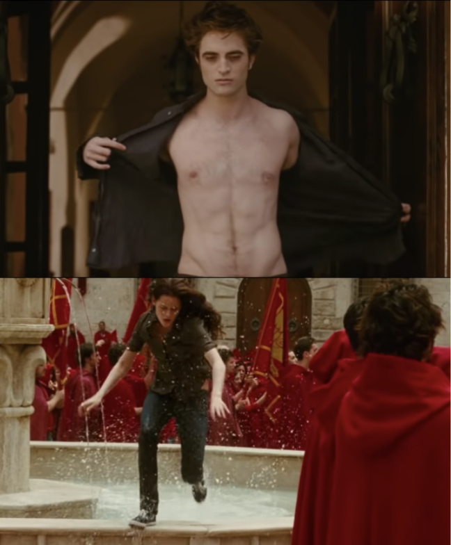 Edward unveils sparkly body, Bella leaps over fountain to save him