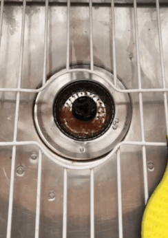 a BuzzFeeder's gif to show how the water still drains even when the strainer is full of gunk