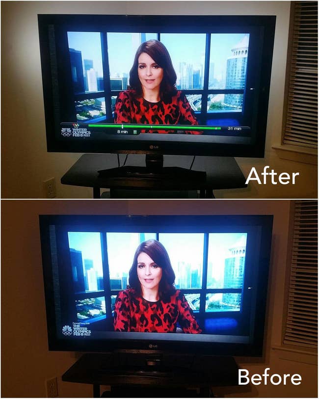 Reviewer before/after: the TV without backlighting looking harsh with less defined colors on the bottom and the TV with backlighting with more vibrant colors, making it easier to look at