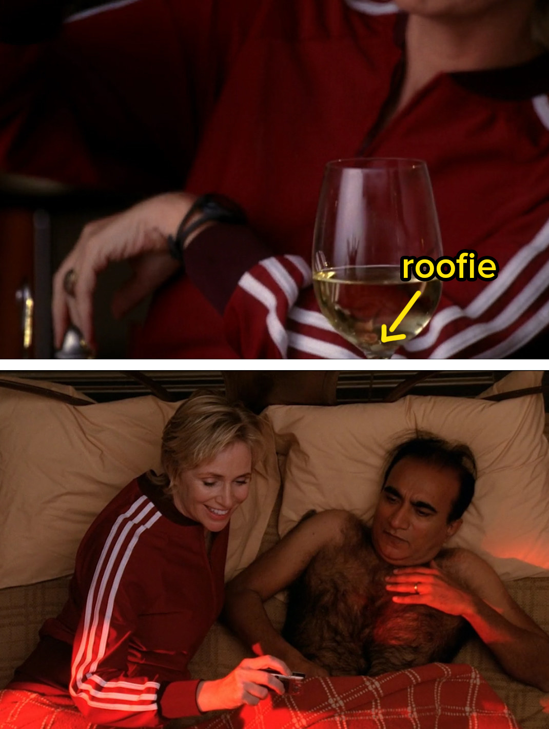 Sue posing with Principal Figgins in bed, with his shirt off while she&#x27;s smiling