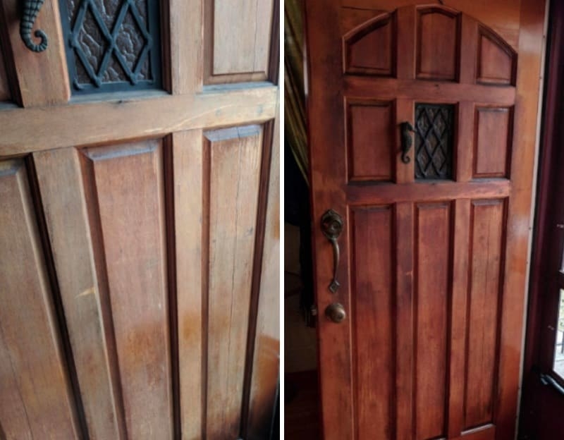 Reviewer images of before the conditioner was applied and after, showing a richer-color and less scratched door