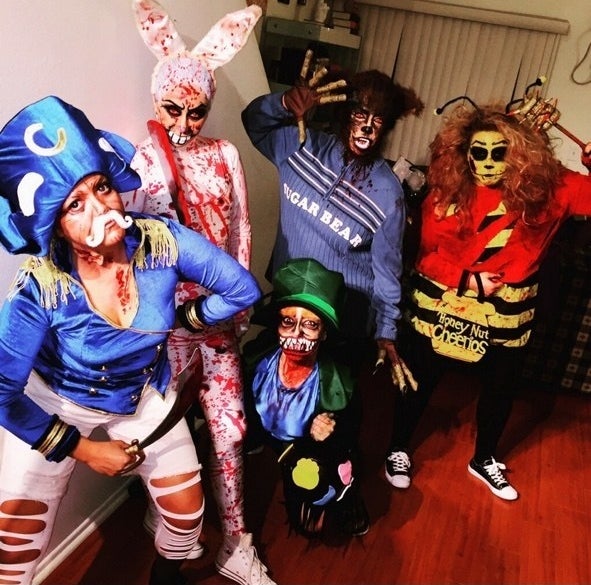 Friends dressed as scary versions cereal brand mascots with fake blood and weapons