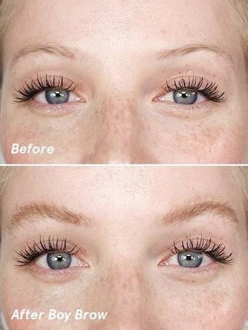 Model's eyebrows before using the gel and after using the gel — looking visibly thicker and more filled in after using the gel