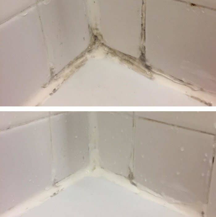 Reviewer photo of mold between tiles in a bathroom tub next to an after photo of the mold about 90% gone