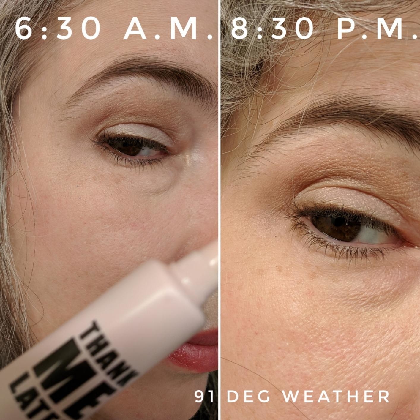 Before and after photos of a reviewer&#x27;s eye makeup at 6:30 am and 8:30 pm. There is hardly any creasing