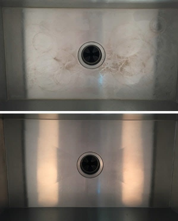 A reviewer&#x27;s before-and-after of a sink with grease and residue stains in it, and then the sink completely clean 