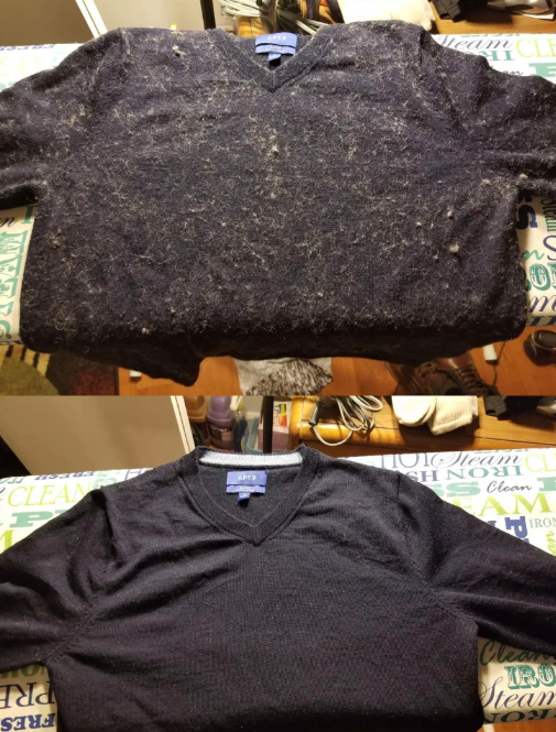 Black sweater covered in pills and cat hair made completely free of the lint after using product 