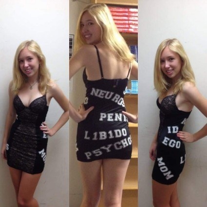 A woman in a slip dress that says things like ego, id, mom, and libido
