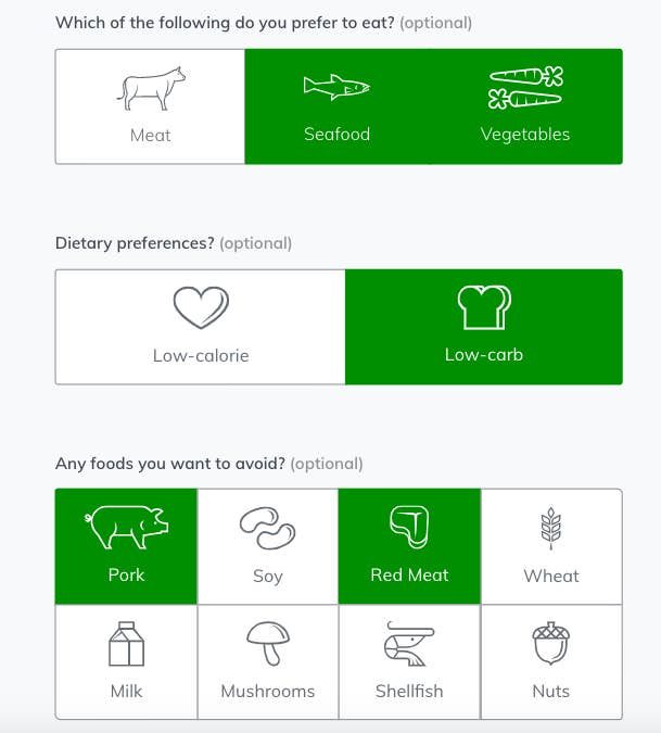 The list of dietary preferences 