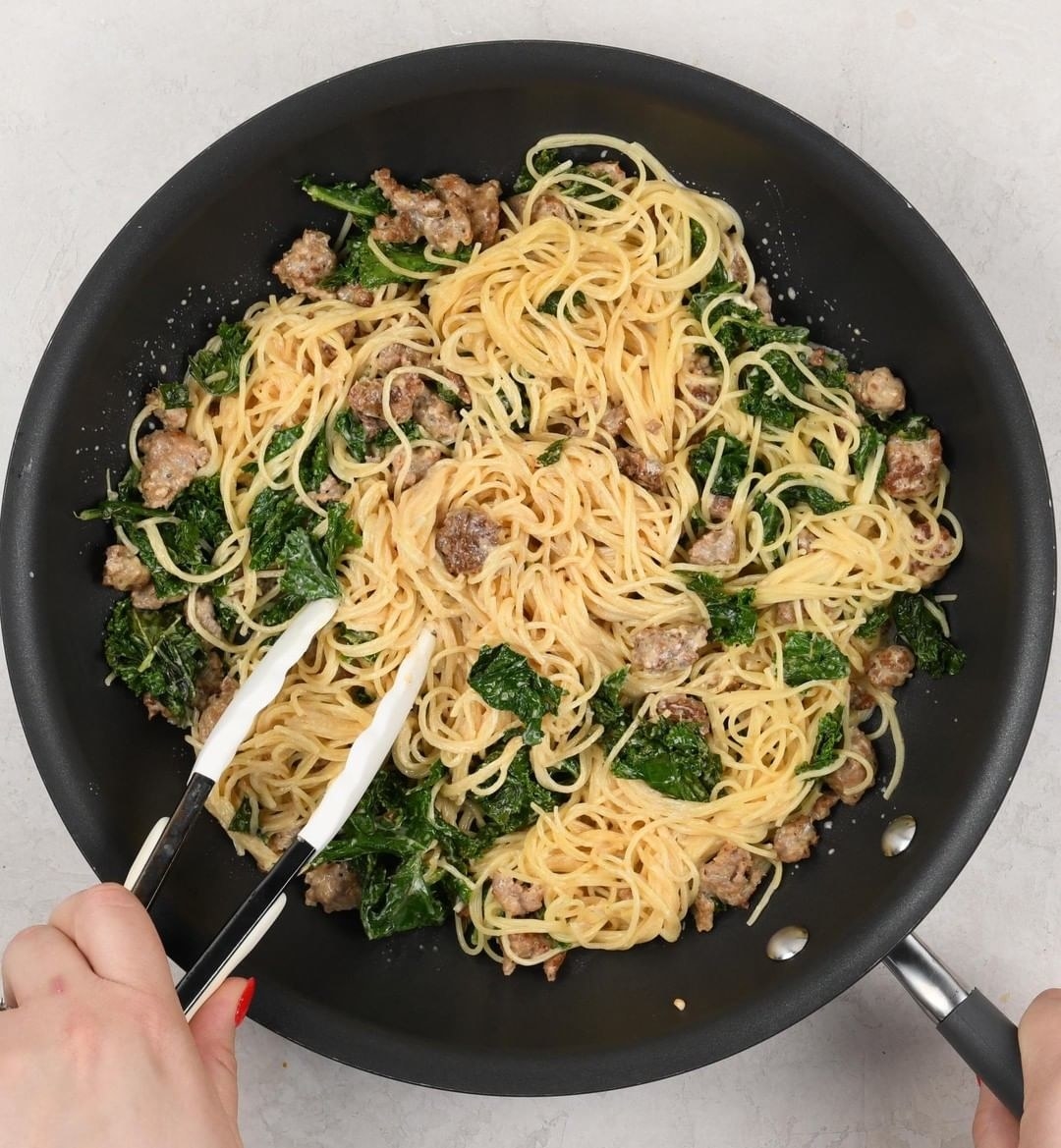 A picture of their spaghetti with spinach and sausage 