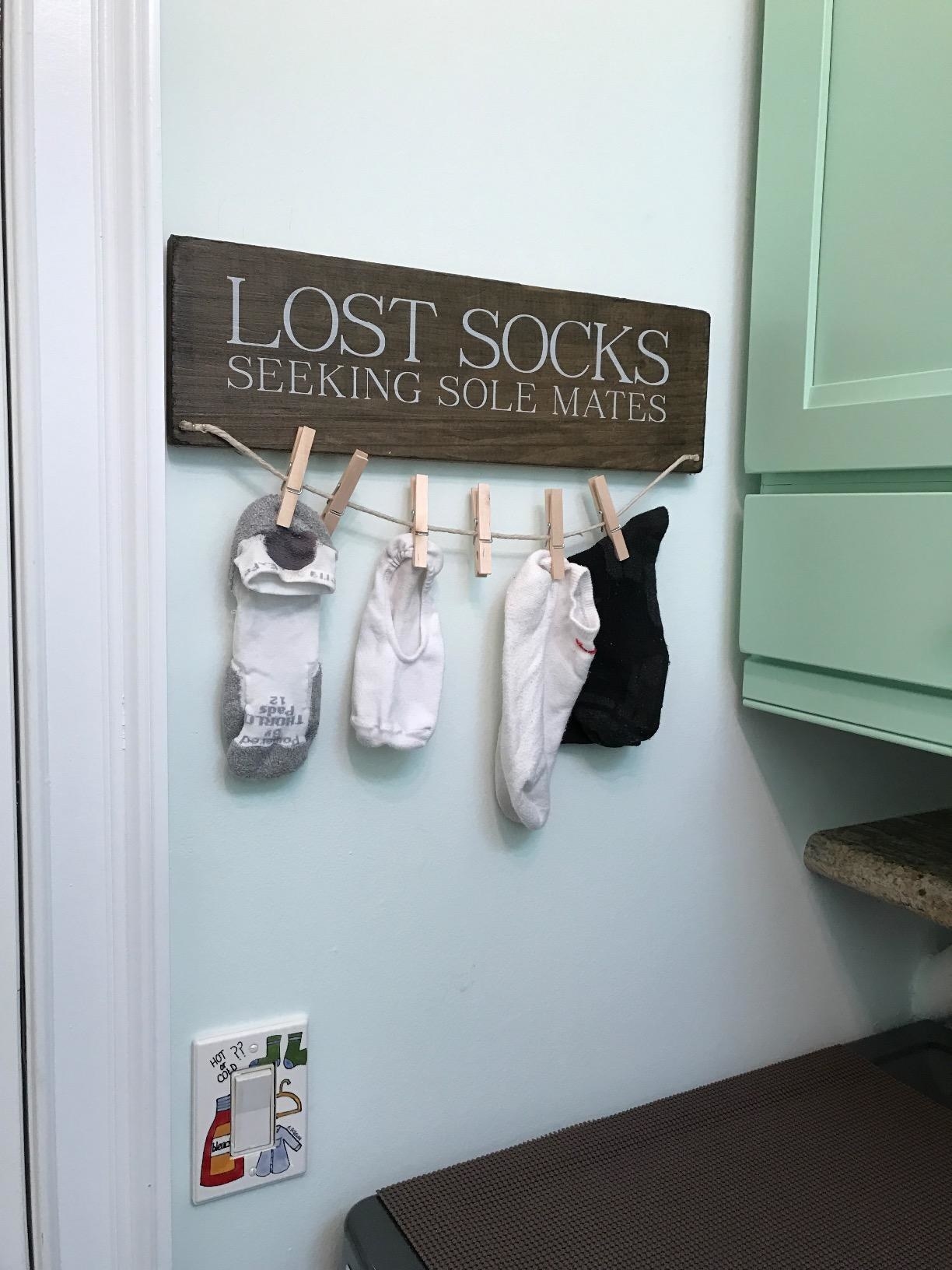 A reviewer showing the hanger with a sign that says &quot;Lost Socks seeking sole mates&quot; with four socks hanging on it