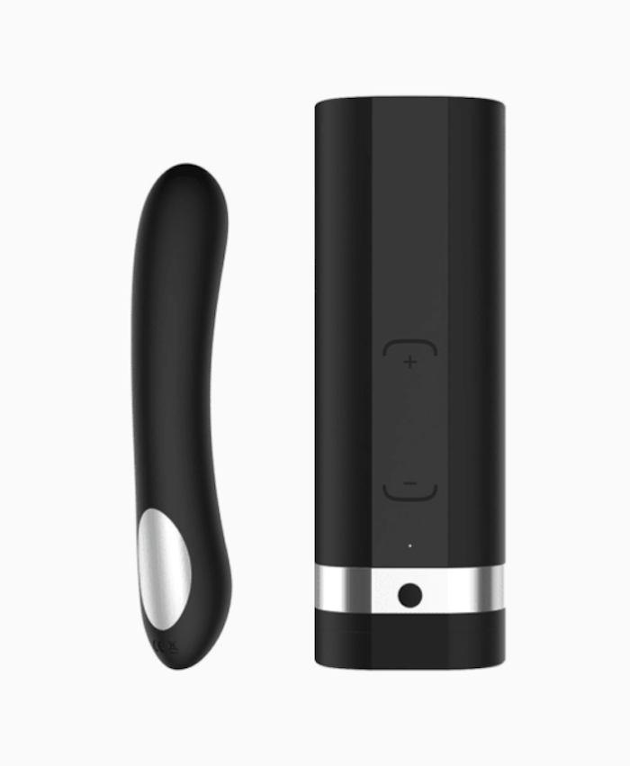 A long black vibrator and a black dick massager that&#x27;s shaped like a rectangular case.