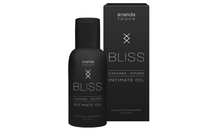 The intimate oil bottle which is shaped like a short lotion bottle. It's standing next to its box.