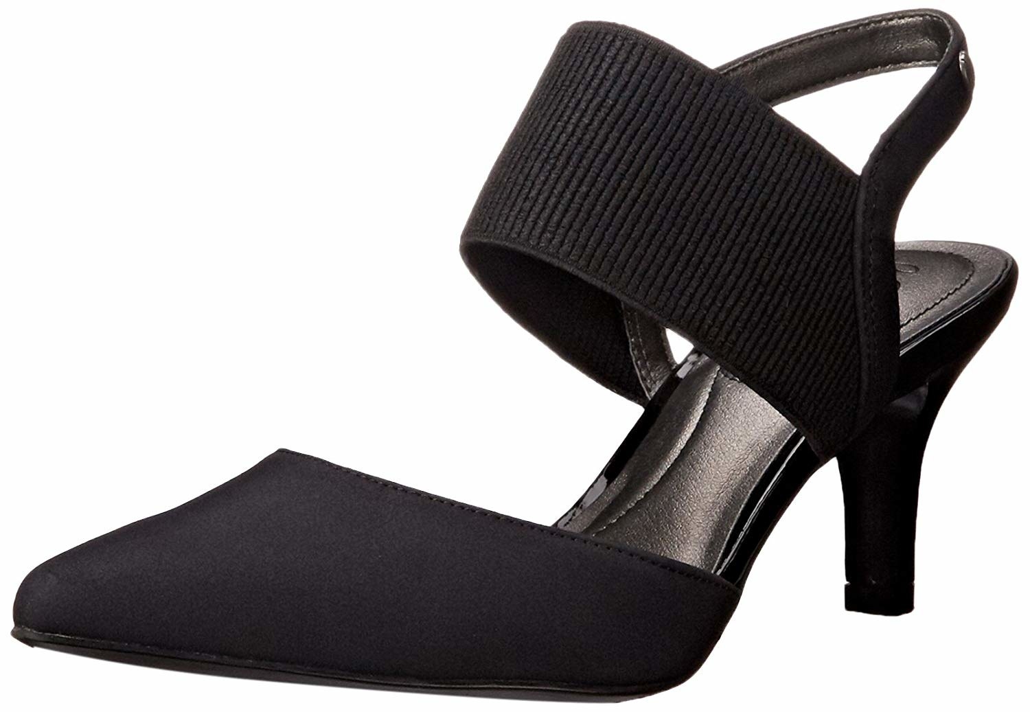 The black closed-toe heels with a skinny strap around the back of the heel and a thick elastic strap in the front