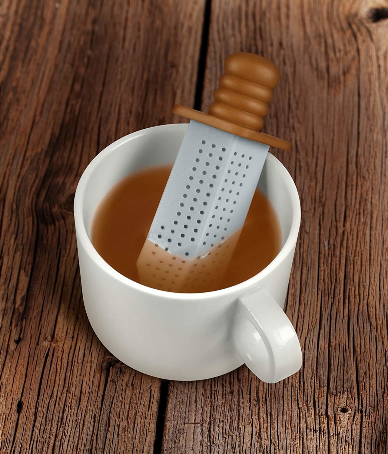 a silicone sword-shaped tea infuser