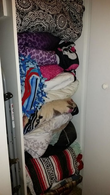 A reviewer's cramped closet before using the storage bags