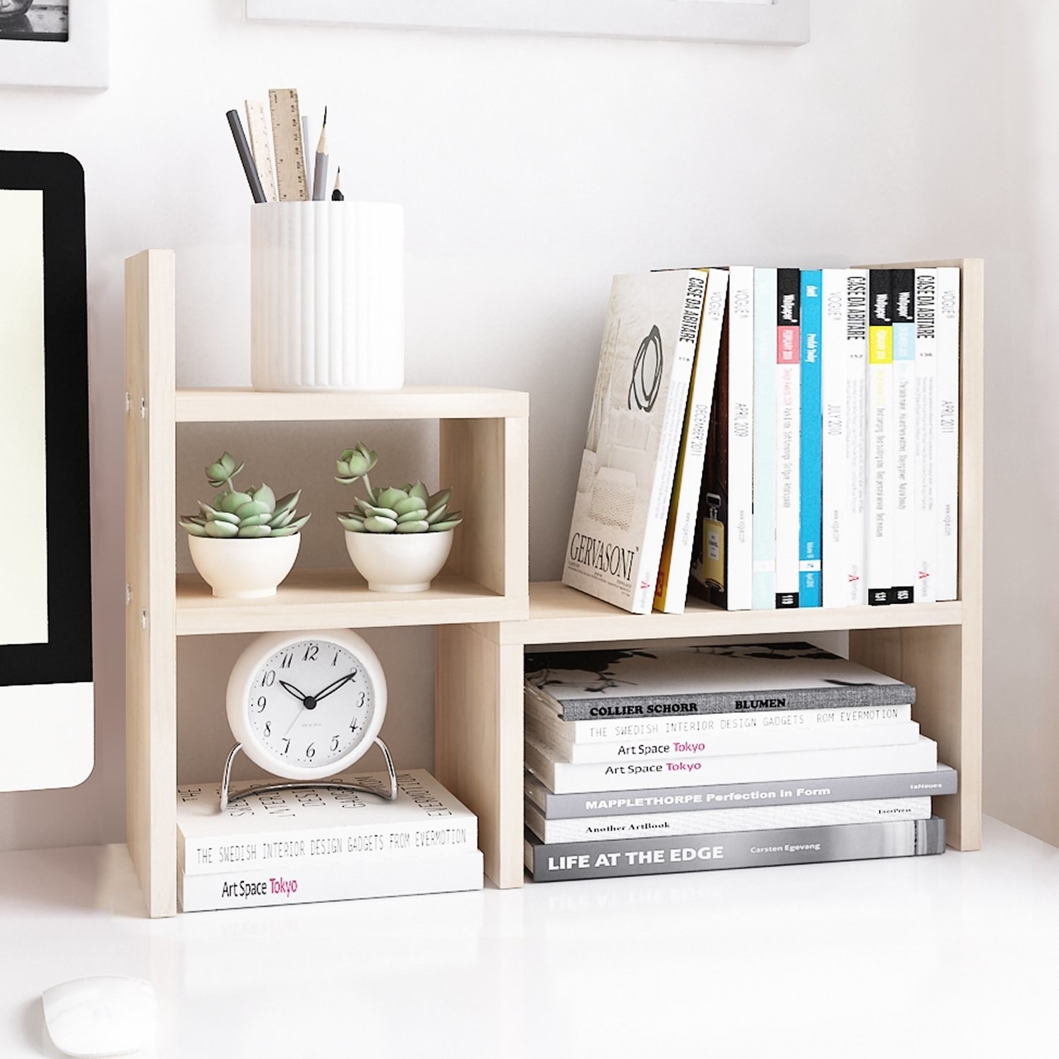 The shelf holding books, small plants, and a pencil holder