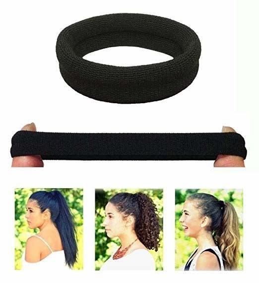 The hair ties in black and a few photos of models with different hair textures showing their hair in a ponytail 