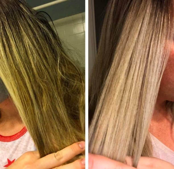 Reviewer's before-and-after of their hair looking yellow and brassy compared to it looking much more smooth and light blonde 