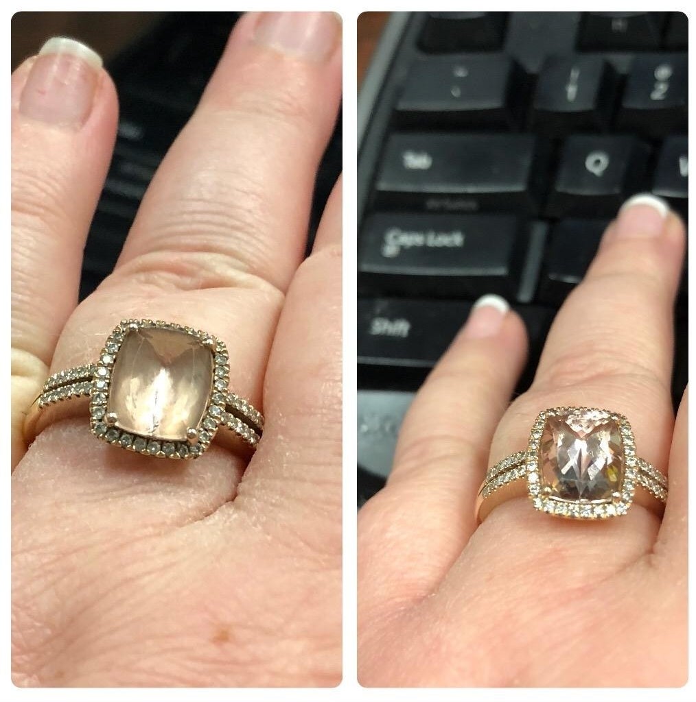 on the left, reviewer&#x27;s clouded amber colored ring, on the right the same ring looking much clearer
