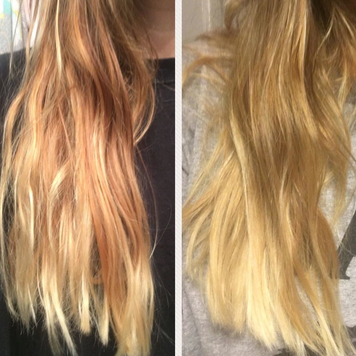 reviewer's before-and-after of their hair looking frizzy compared to it looking more smooth and tame 