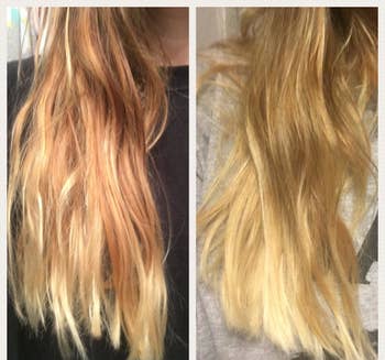 reviewer's before-and-after of their hair looking frizzy compared to it looking more smooth and tame 