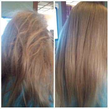 reviewer's before-and-after of their hair looking messy and tangled compared to it looking straight and smooth 