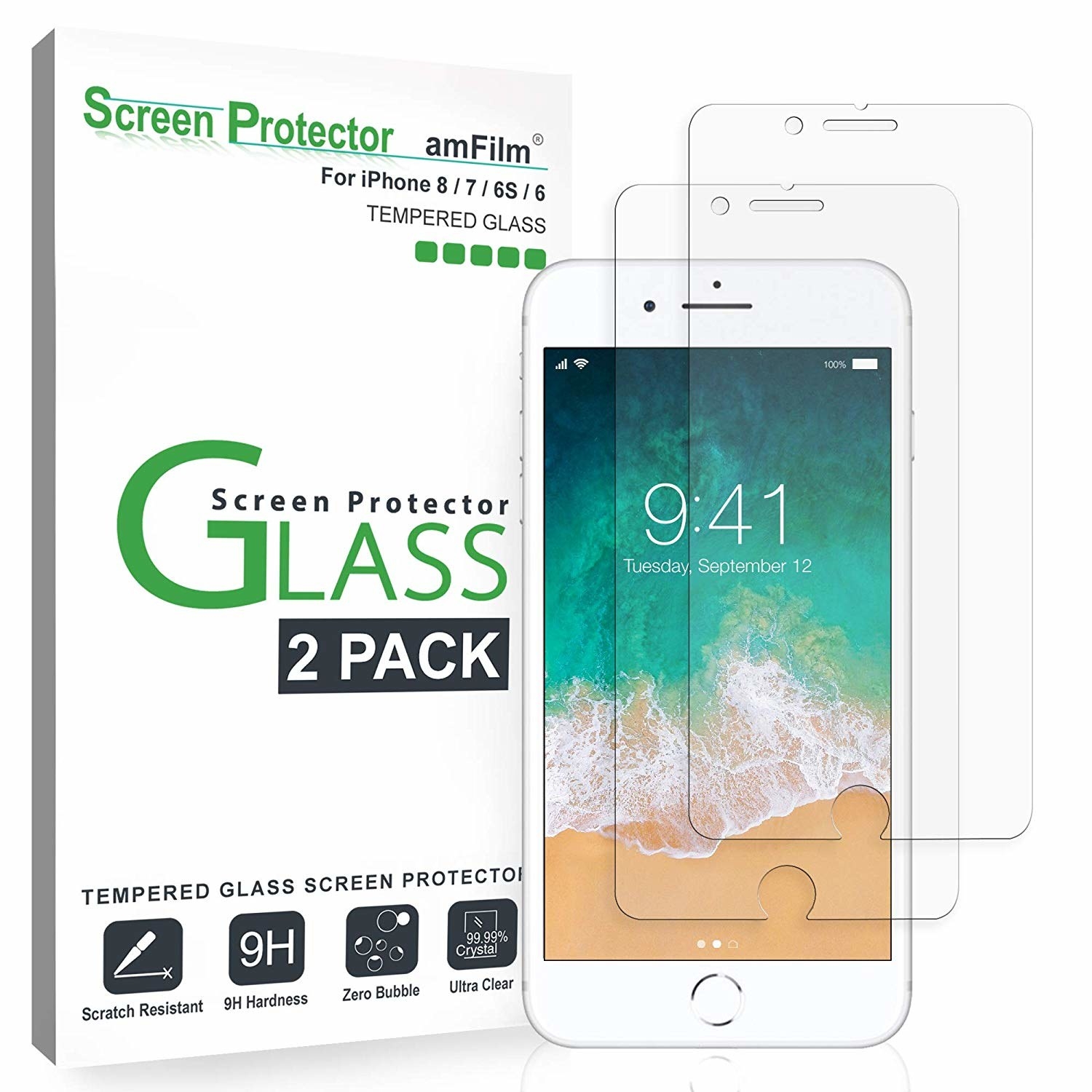 A set of two glasses screen protectors next to an iPhone