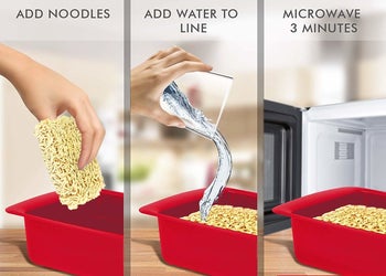 Chart detailing three steps: 1) Add noodles, 2) Add water to line, 3) Microwave 3 minutes