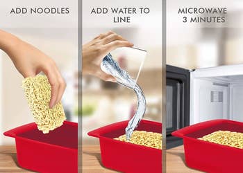 Chart detailing three steps: 1) Add noodles, 2) Add water to line, 3) Microwave 3 minutes