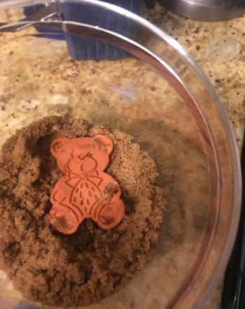 The terracotta bear in a bowl of brown sugar