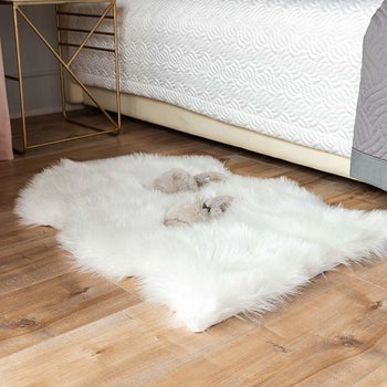 the rug next to a bed with slippers sitting on it