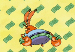 Mr. Krabs surrounded by dollar bills and rubbing one on his butt