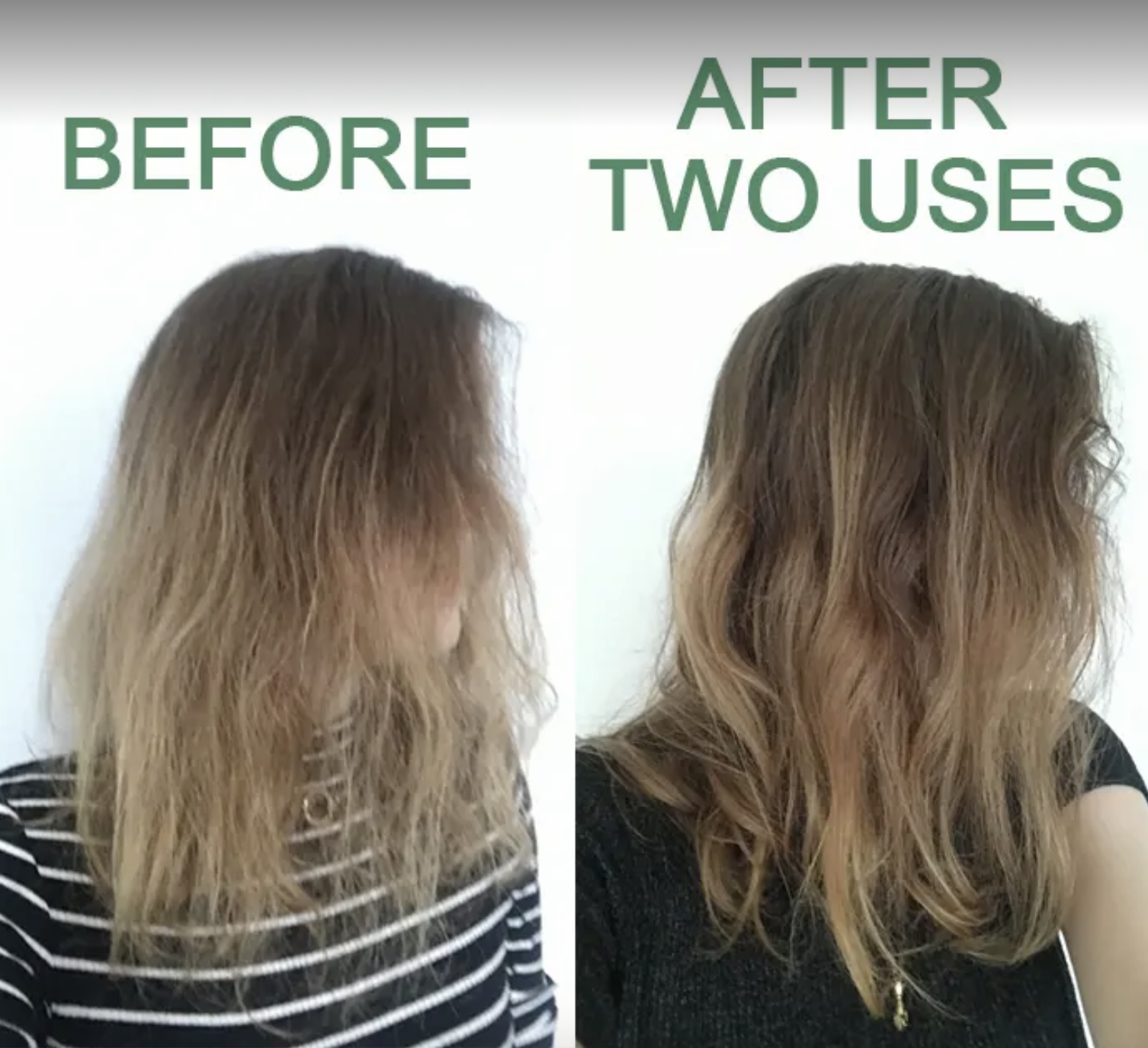 before and after of BuzzFeed editor&#x27;s hair looking dry, then moisturized and silky after product use