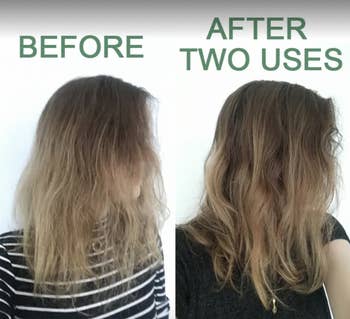 before and after of BuzzFeed editor's hair looking dry, then moisturized and silky after product use