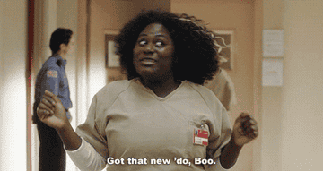 GIF from Orange Is The New Black of a character saying &quot;Got that new &#x27;do, Boo&quot;