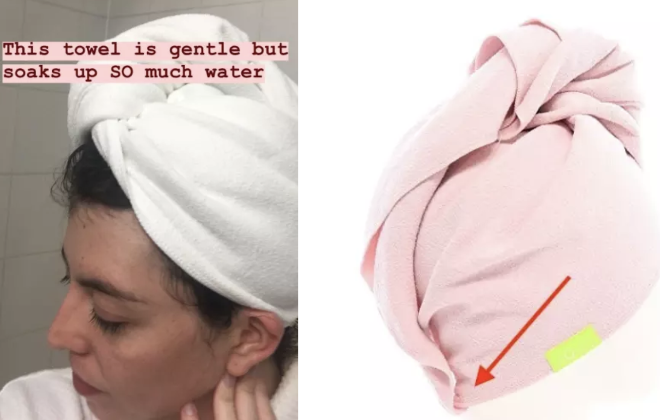 left photo is reviewer with towel on hair with caption &quot;This towel is gentle but soaks up SO much water&quot;. right photo is product image of the hair towel