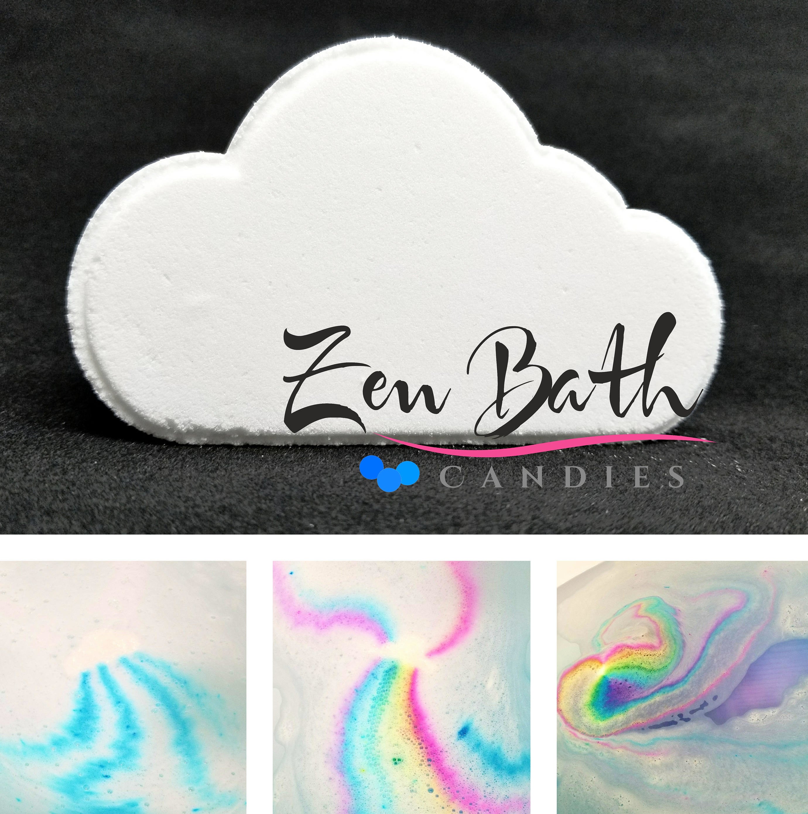 white cloud bath bomb that melts into streaking rainbows when in water