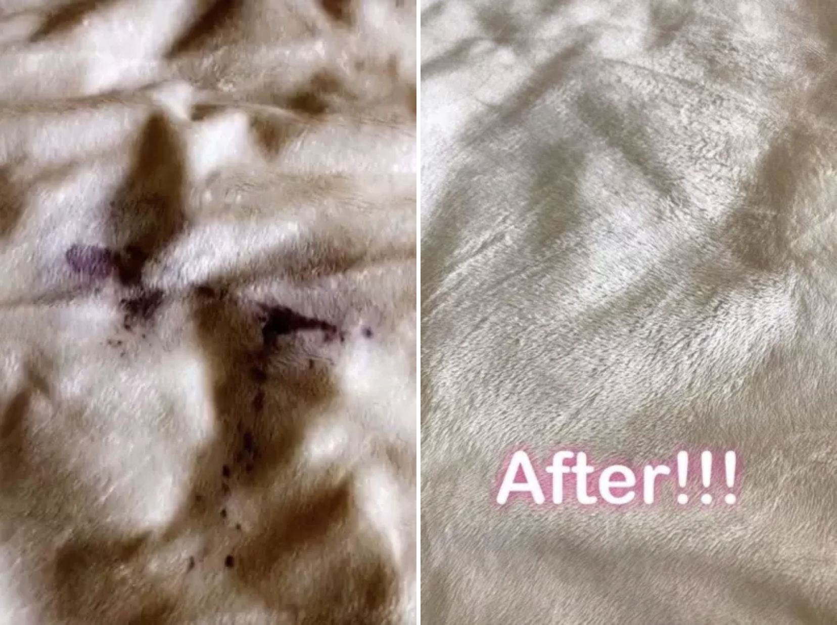 A before/after of a red wine stain being removed from a white fuzzy blanket