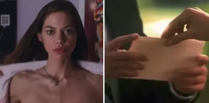Jessica taking her shirt off and an envelope being passed between hands
