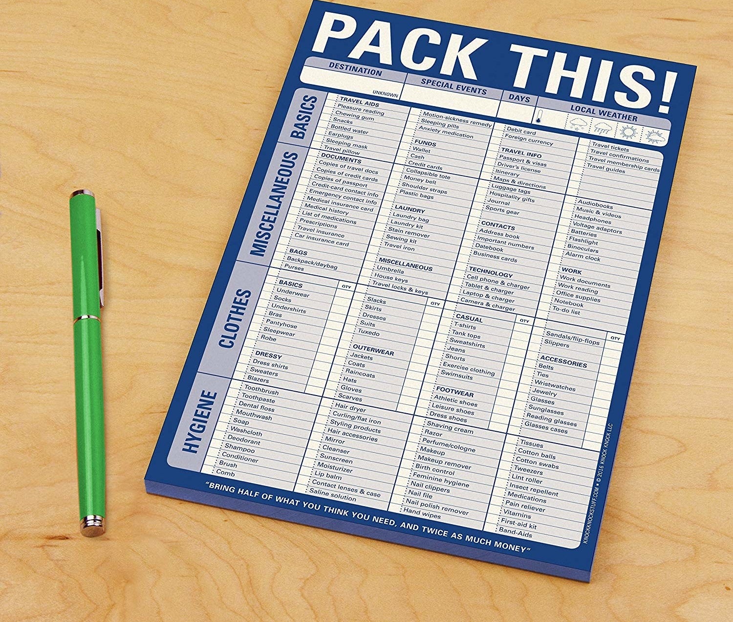 the packing check list pad divided into the categories basics, miscellaneous, clothes, and hygiene