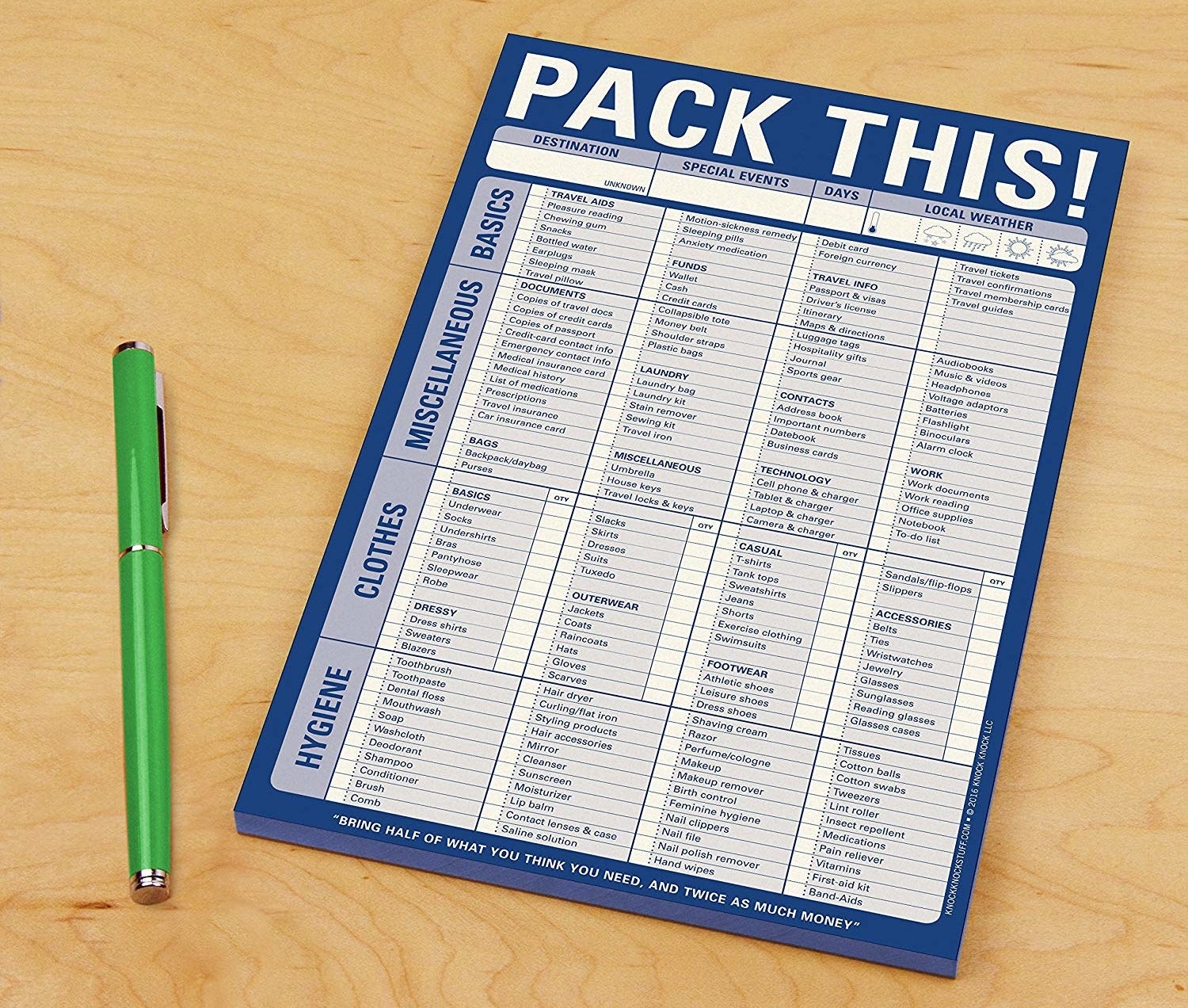 the packing check list pad divided into the categories basics, miscellaneous, clothes, and hygiene