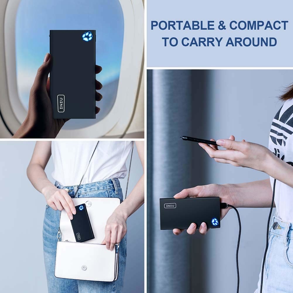The phone-sized external battery, plugged into a phone, in a hand, and being put into a purse