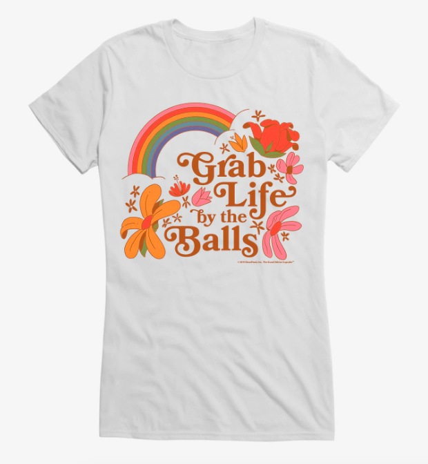 White shirt with flora detail and words &quot;Grab Life by the Balls&quot; 