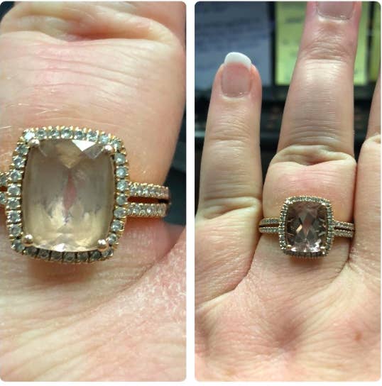 a before and after of a reviewer&#x27;s ring looking cloudy then sparkling clear