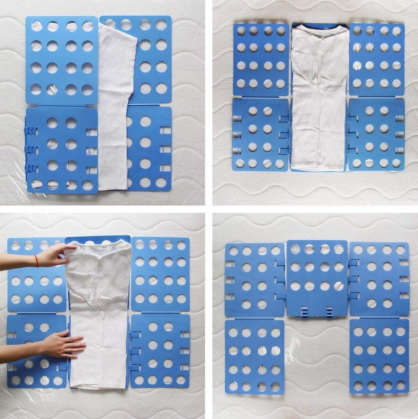 a white shirt being folded on a blue folder