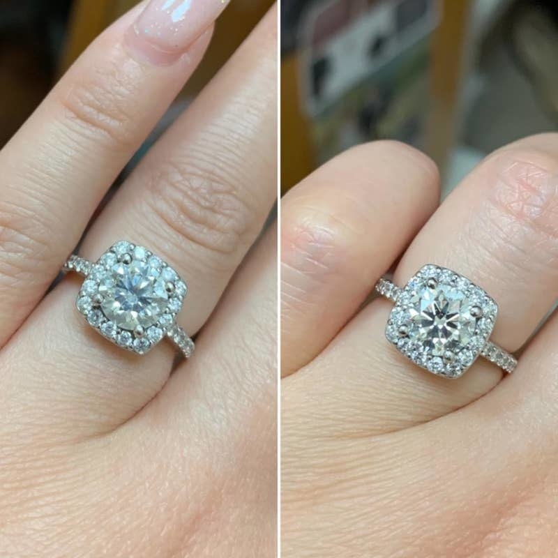 on the left a reviewer&#x27;s diamond ring looking a bit cloudy, on the right the same ring looking much clearer