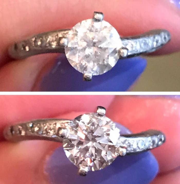 Reviewer&#x27;s photo of their diamond ring looking cloudy and dingy compared to it looking much more clear and shiny 