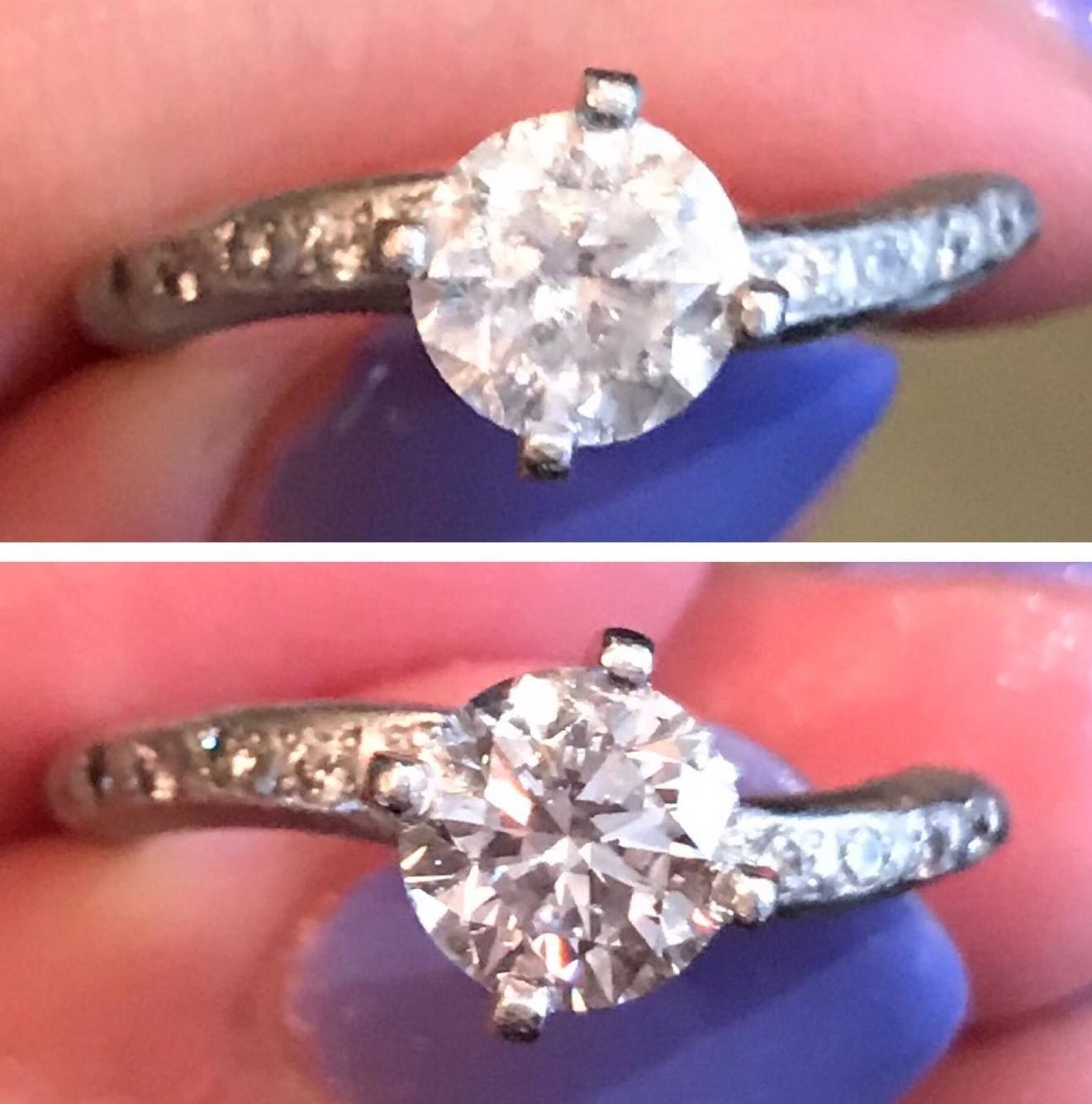 Reviewer&#x27;s photo of a cloudy diamond ring next to an after photo of a much more clear, defined, and shiny ring 
