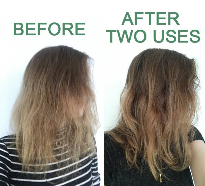 A BuzzFeed Shopping editor&#x27;s before-and-after of her hair looking damaged and frizzy compared to it looking more smooth and healthy 